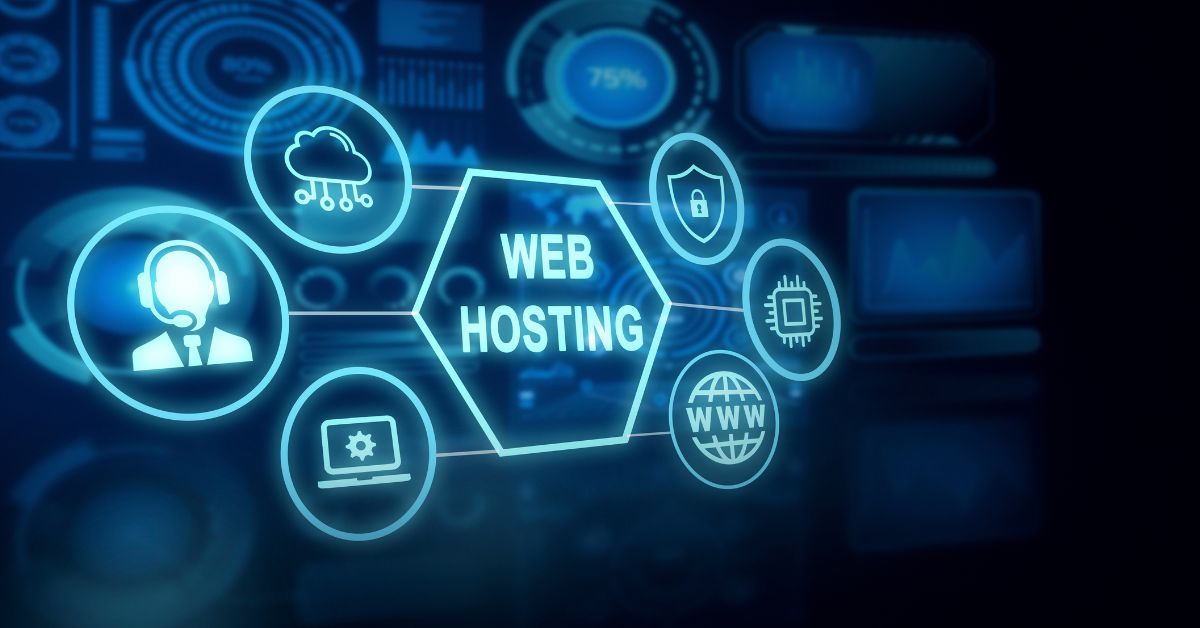 Digital web hosting concept with futuristic technology interface and search icon for hosting providers comparison in 2026.