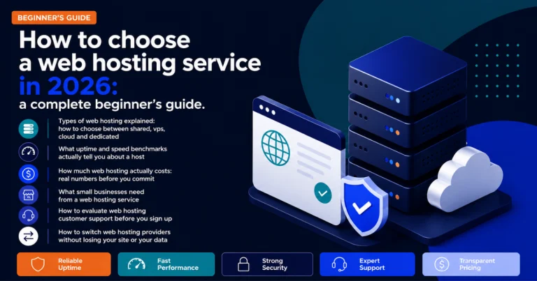 Beginner's guide infographic titled "How to Choose a Web Hosting Service in 2026" listing six topics: types of web hosting (shared, VPS, cloud, dedicated), uptime and speed benchmarks, real hosting costs, small business hosting needs, how to evaluate customer support, and how to switch providers without losing your site or data. A bottom bar highlights five hosting criteria: reliable uptime, fast performance, strong security, expert support, and transparent pricing. A 3D server, browser, security shield, and cloud illustration accompany the text.