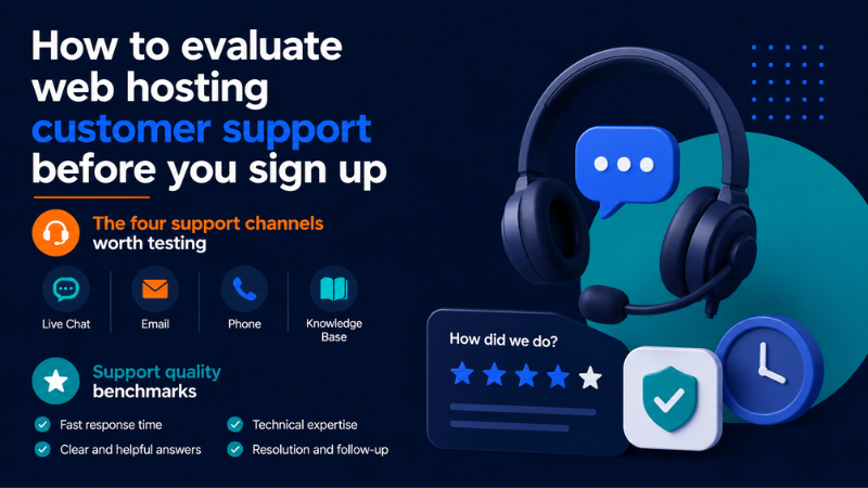Infographic titled "How to evaluate web hosting customer support before you sign up" listing the four support channels to test live chat, email, phone, and knowledge base alongside five quality benchmarks: fast response time, clear and helpful answers, technical expertise, and resolution and follow-up. A 3D headset, a star rating card, a security shield, and a clock icon illustrate the concepts of responsive and reliable customer support.