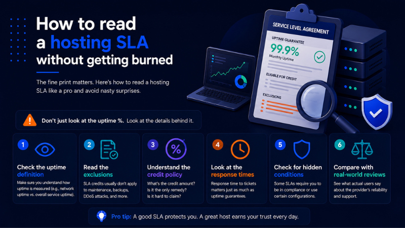 Infographic showing six steps to read a hosting SLA correctly: check the uptime definition, read the exclusions, understand the credit policy, look at response times, check for hidden conditions, and compare with real-world reviews.