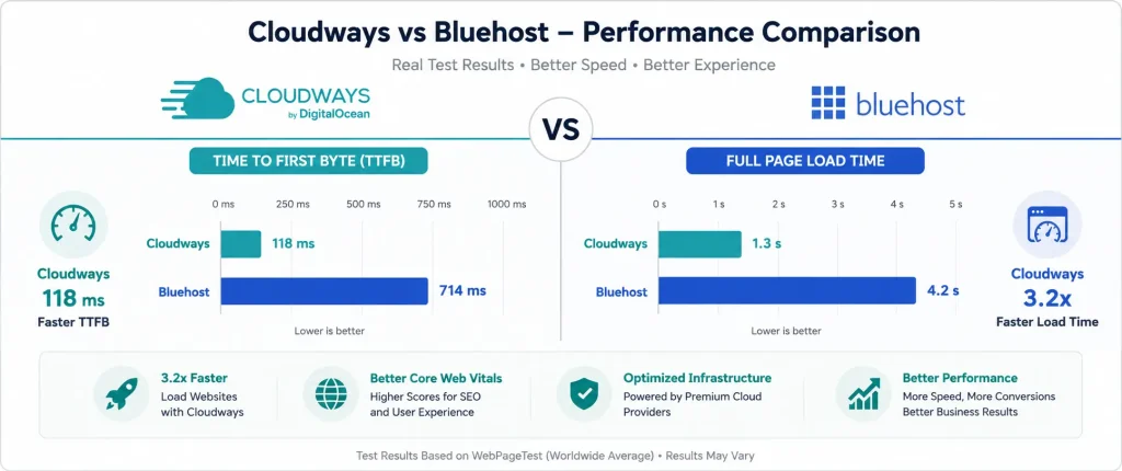 Cloudways vs Bluehost hosting performance infographic showing faster TTFB and load times