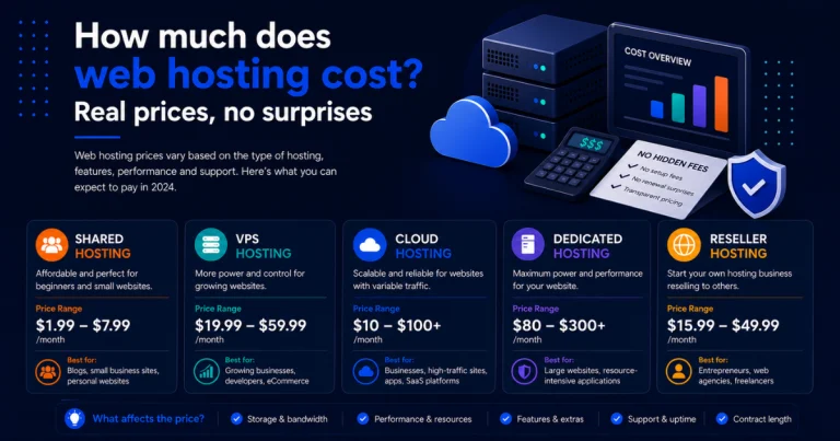 Infographic showing web hosting costs by type: shared hosting from $1.99 to $7.99/month, VPS from $19.99 to $59.99/month, cloud hosting from $10 to $100+/month, dedicated hosting from $80 to $300+/month, and reseller hosting from $15.99 to $49.99/month.