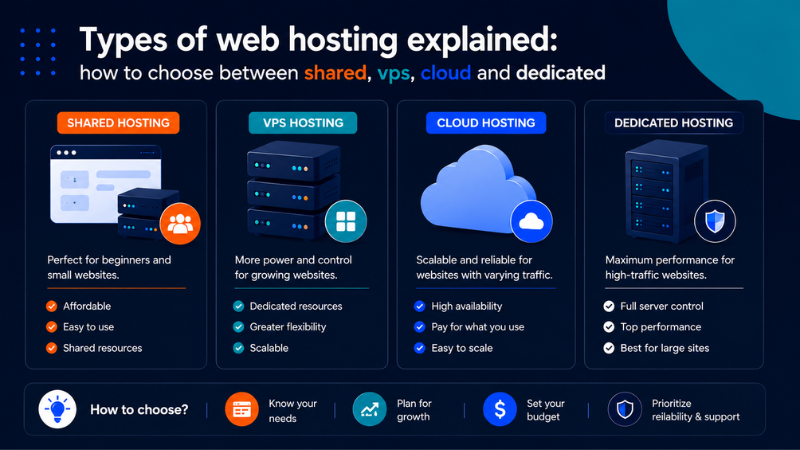 Infographic comparing four web hosting types: shared hosting (affordable, easy to use, ideal for beginners), VPS hosting (dedicated resources, flexible, scalable for growing websites), cloud hosting (high availability, pay-as-you-go, easy to scale), and dedicated hosting (full server control, top performance, best for large sites). A bottom section lists four criteria for choosing the right plan: know your needs, plan for growth, set your budget, and prioritize reliability and support.