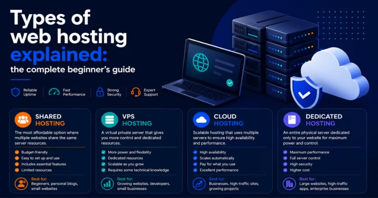 Infographic comparing four types of web hosting: shared hosting for beginners, VPS hosting for growing websites, cloud hosting for high-traffic businesses, and dedicated hosting for large enterprise sites.