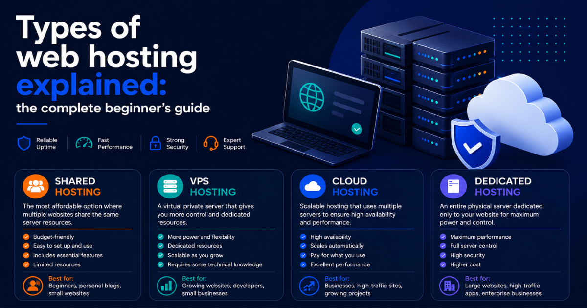 Infographic comparing four types of web hosting: shared hosting for beginners, VPS hosting for growing websites, cloud hosting for high-traffic businesses, and dedicated hosting for large enterprise sites.