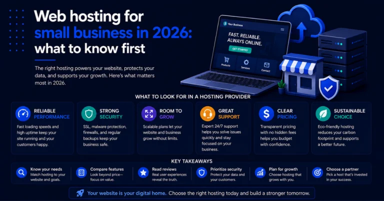 Infographic on web hosting for small business in 2026, covering six criteria to look for in a hosting provider: reliable performance, strong security, room to grow, great support, clear pricing, and sustainable hosting, plus six key takeaways for choosing the right host.
