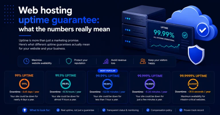Infographic explaining web hosting uptime guarantees from 99% to 99.9999%, showing real downtime in minutes and days per year for each level, from 3.65 days of downtime at 99% uptime to just 31.5 seconds at 99.9999%.