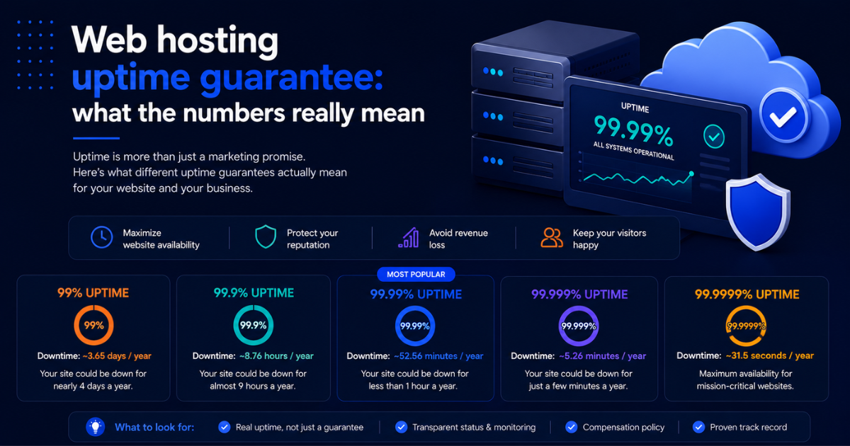 Infographic explaining web hosting uptime guarantees from 99% to 99.9999%, showing real downtime in minutes and days per year for each level, from 3.65 days of downtime at 99% uptime to just 31.5 seconds at 99.9999%.