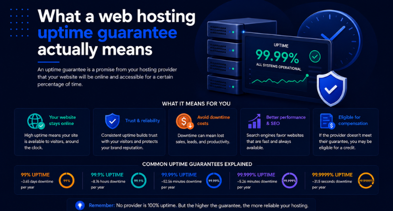 Infographic explaining what a web hosting uptime guarantee means, covering five uptime levels from 99% to 99.9999%, their real downtime in days, hours, and seconds per year, and five key benefits including SEO impact, trust, and compensation eligibility.
