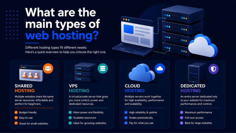 Infographic answering "what are the main types of web hosting" with four options: shared hosting for beginners, VPS for growing sites, cloud hosting for scalability, and dedicated hosting for maximum performance.