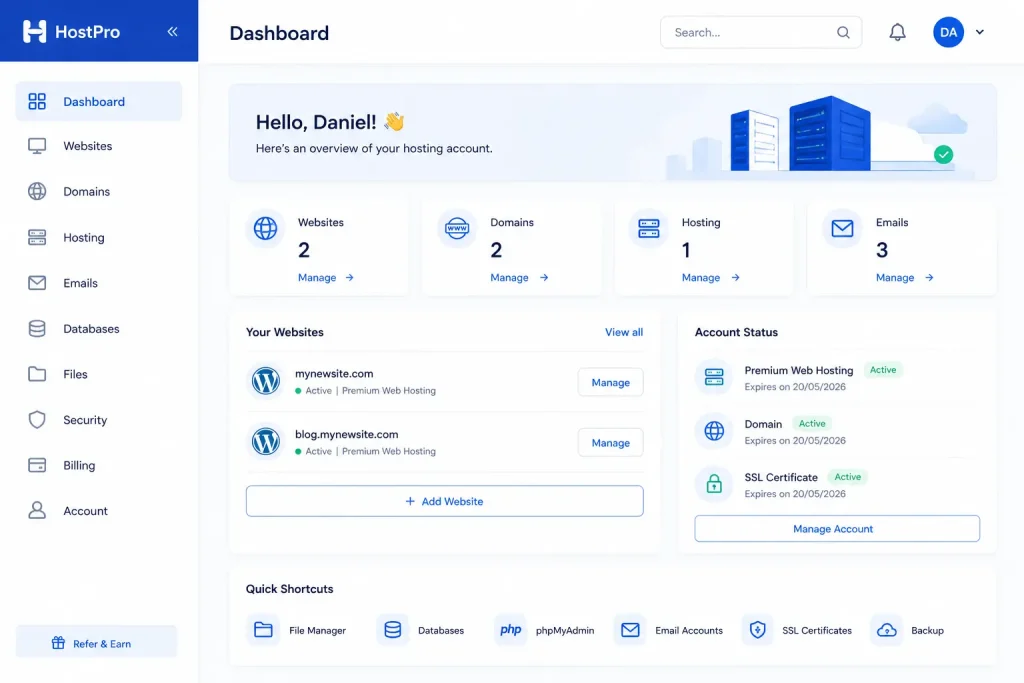 Beginner friendly hosting dashboard Easy to use hosting control panel for beginners