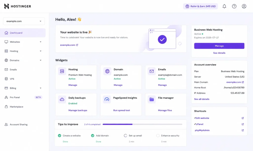 Modern Hostinger hPanel dashboard featuring a clean sidebar navigation, website management widgets, hosting controls, domain settings, email management, and performance tools.