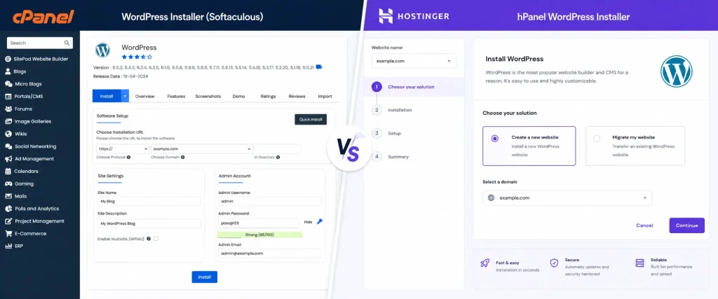 ide-by-side comparison of WordPress installation tools in cPanel Softaculous and Hostinger hPanel, showing different setup workflows and user interfaces for one-click WordPress deployment.