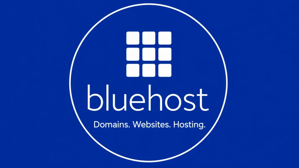 Bluehost web hosting logo on royal blue background with modern branding