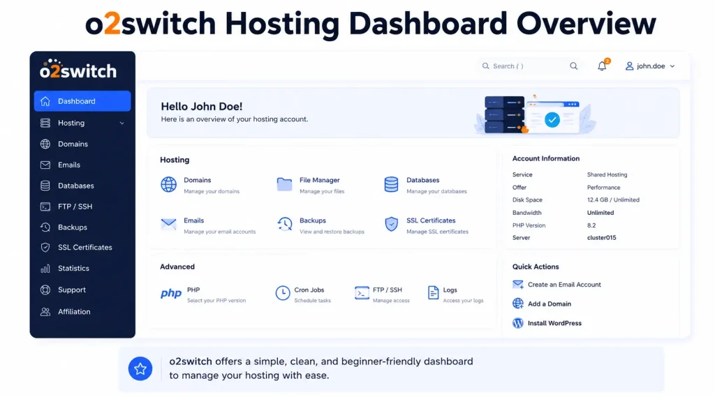 o2switch hosting dashboard overview