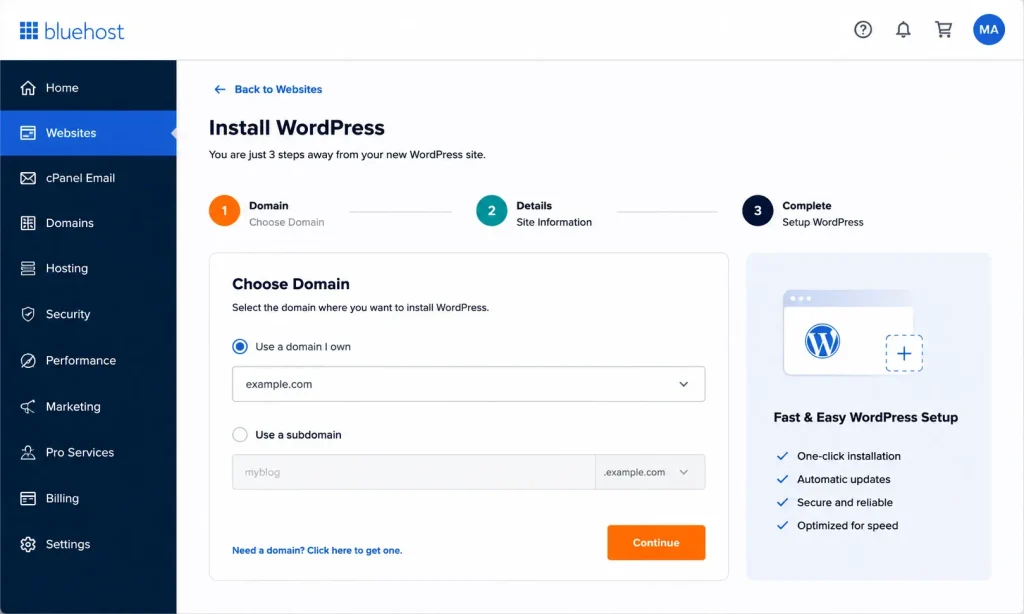 Bluehost WordPress hosting setup wizard screenshot