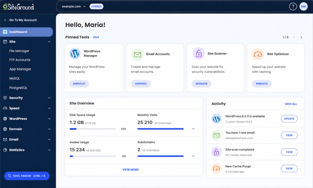 SiteGround web hosting control panel Site Tools interface screenshot