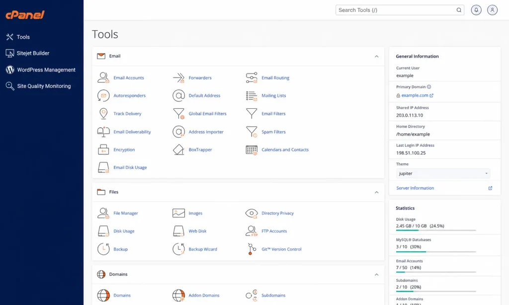 Classic cPanel dashboard interface with icon-based navigation, displaying website management tools such as File Manager, Email Accounts, Domains, Databases, and Security settings.