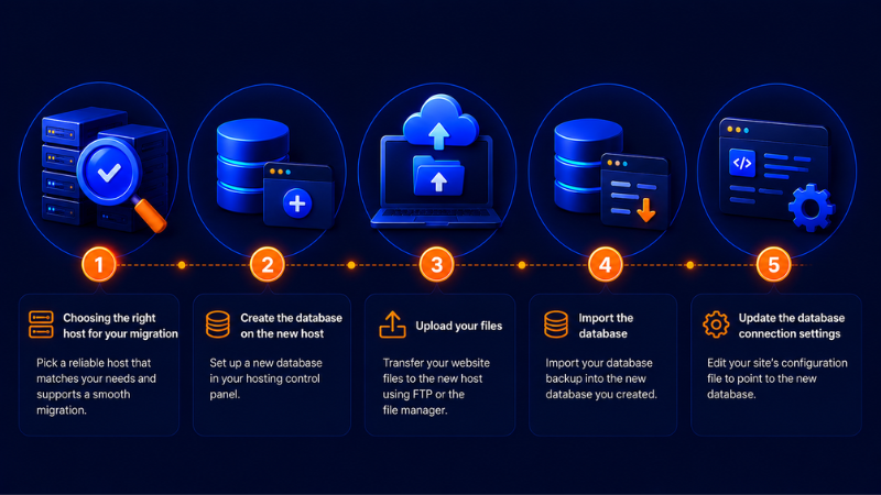 5 step infographic showing how to manually migrate a website to a new host: choose the right host, create a new database, upload files via FTP, import the database, and update database connection settings.