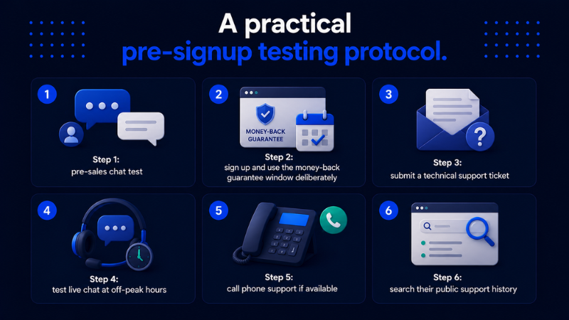 A-practical-pre-signup-testing-protocol-for-web-hosting-customer-support Infographic showing a 6-step pre-signup testing protocol for web hosting support: pre-sales chat test, money-back guarantee window, technical support ticket, off-peak live chat test, phone support call, and public support history search.