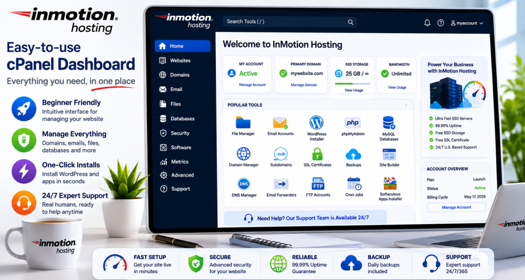 InMotion Hosting dashboard interface cPanel review 2026
