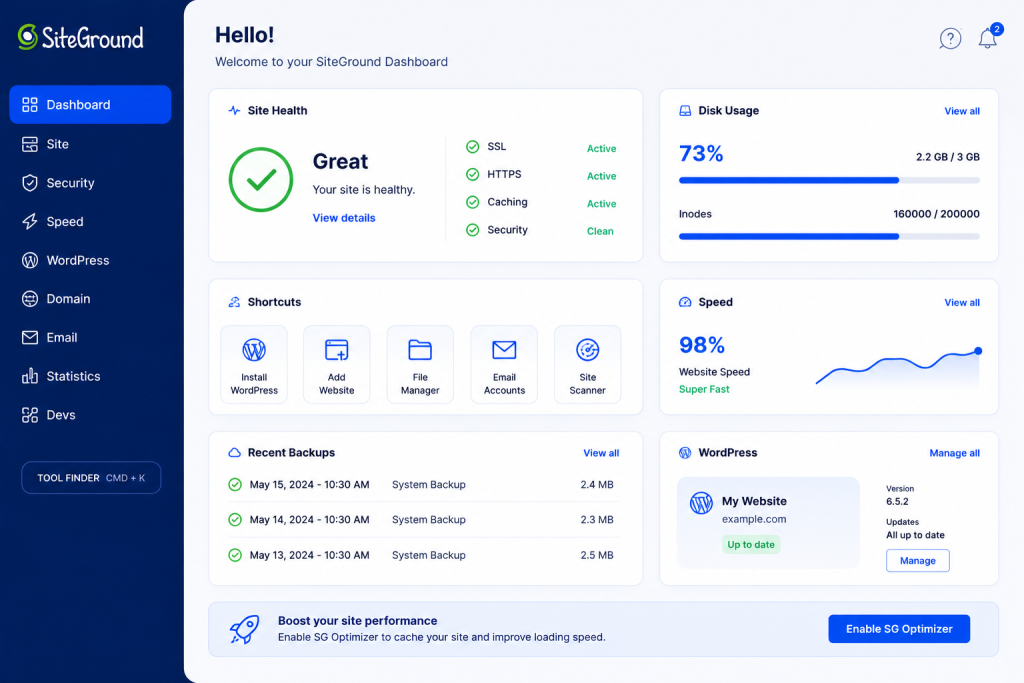 SiteGround dashboard interface hosting review 2026