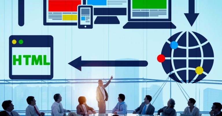 Small business team in a meeting looking at a digital presentation about web hosting, HTML concepts, and global network connectivity in 2026.