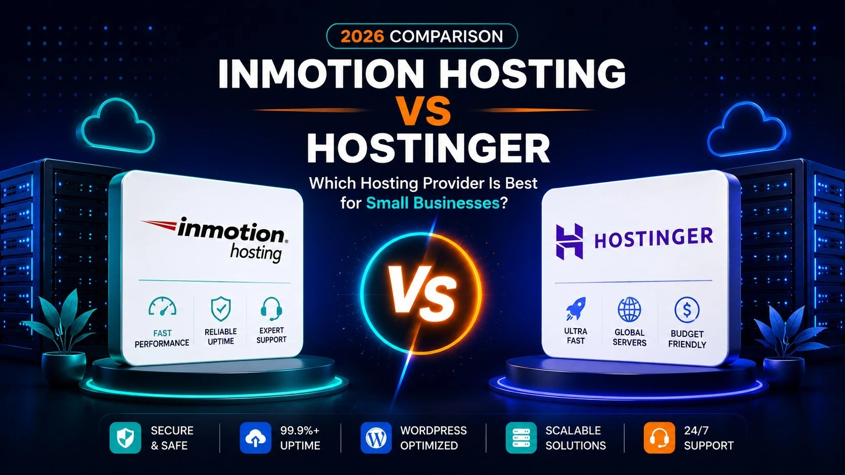 Professional web hosting comparison image featuring InMotion Hosting and Hostinger, focusing on performance, reliability, WordPress optimization, scalability, and support for small businesses in 2026.