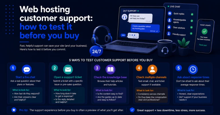 Infographic showing 6 ways to test web hosting customer support before purchasing: start a live chat, open a support ticket, check the knowledge base, check multiple channels, and ask about response times.