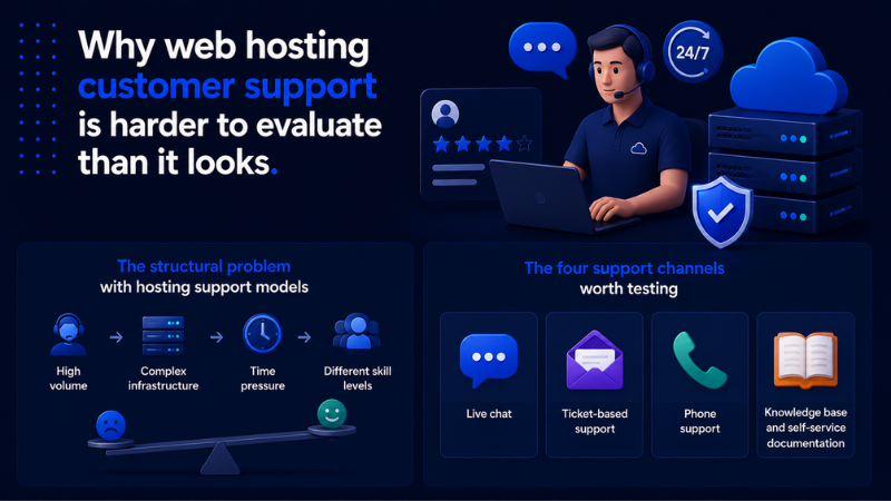 Why-web-hosting-customer-support-is-harder-to-evaluate-than-it-looks Infographic explaining why web hosting customer support is difficult to evaluate, showing the structural problems of hosting support models and the four support channels worth testing: live chat, ticket-based support, phone support, and knowledge base.