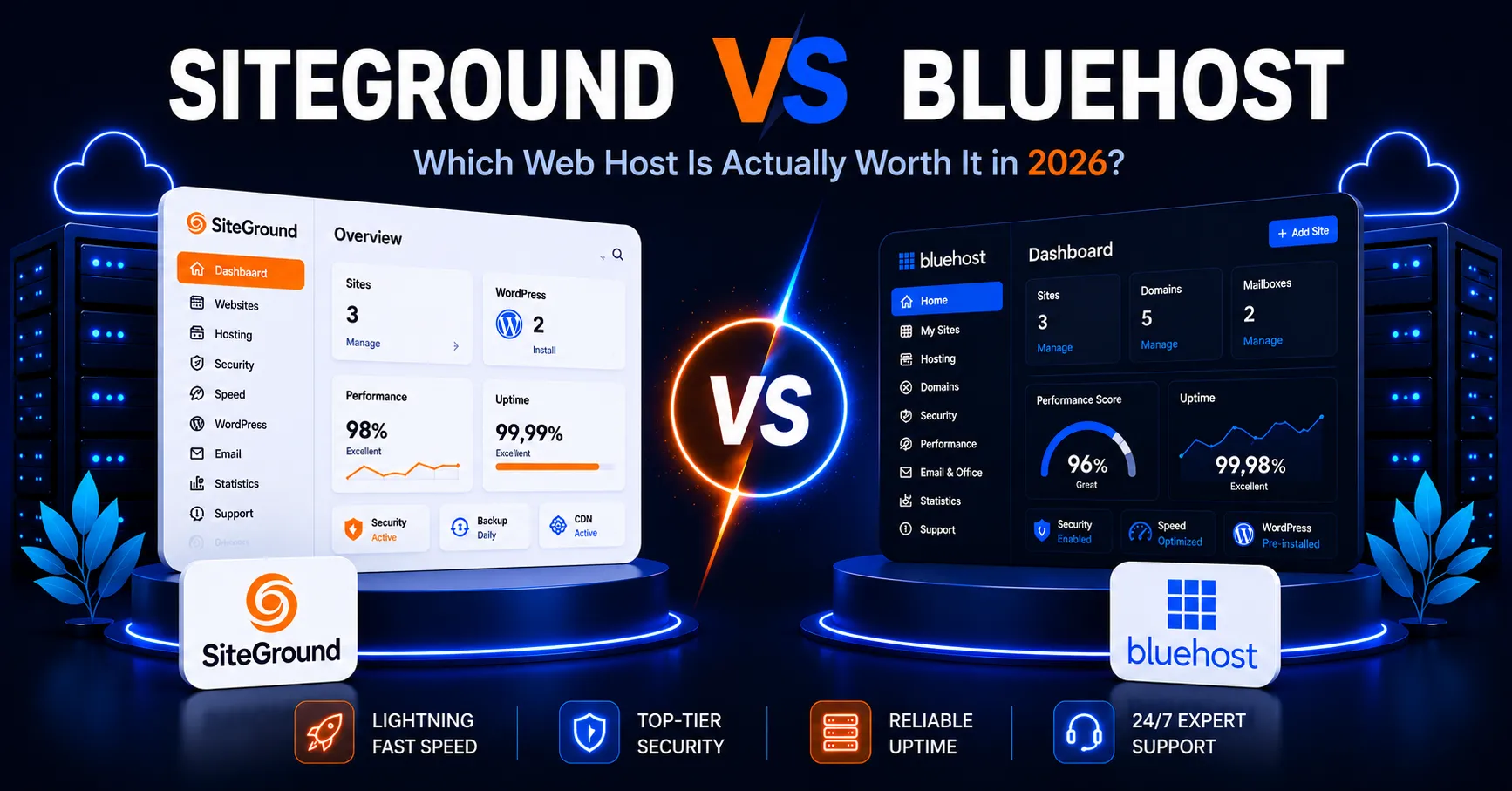 SiteGround vs Bluehost 2026: Pricing, Performance & WordPress Features