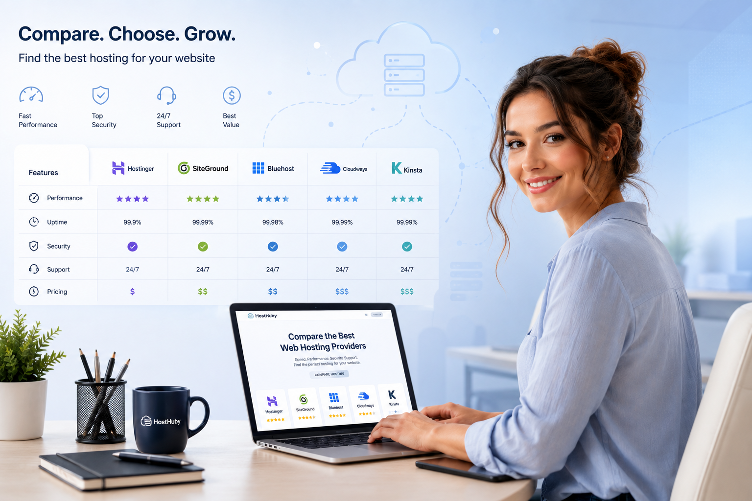 Professional woman confidently working, representing HostHuby's reliable hosting for businesses and professionals