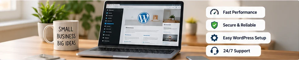 Laptop showing a WordPress website on a small business desk