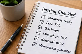 Notebook checklist for WordPress hosting, SSL, backups, migration, and renewal prices