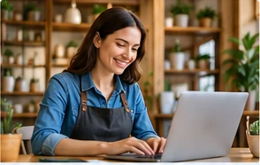 Small business owner using a laptop inside her shop