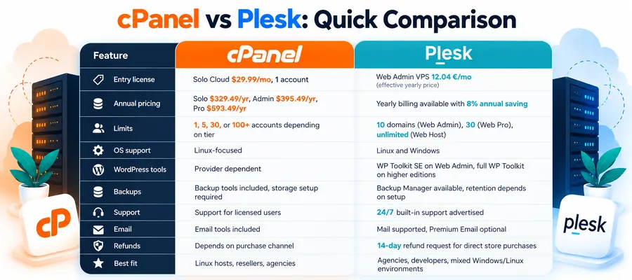 cPanel vs Plesk pricing and features comparison table 2026.